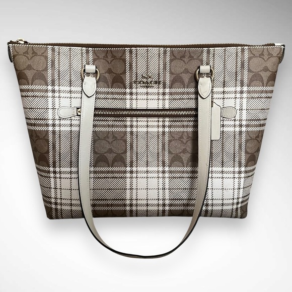 Coach Tan and Cream Checkered Tote Bag - Picture 2 of 13